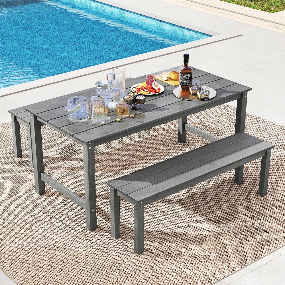3 Pieces Outdoor Dining Table Set with 2 Benches-Gray - Gallery View 1 of 10