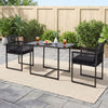 Outdoor dining set featuring a black metal frame, hand-woven PE rattan chairs, and a spacious tempered glass table for.