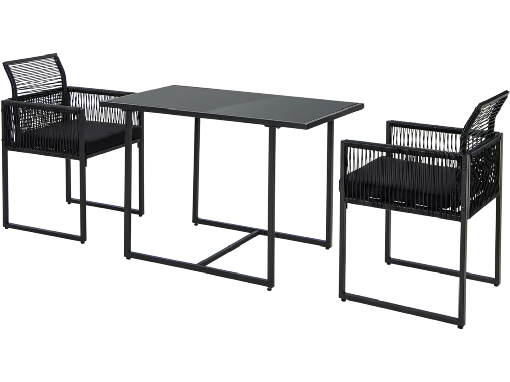 3-piece outdoor dining set featuring black hand-woven PE rattan chairs with cushions and a spacious tempered glass.