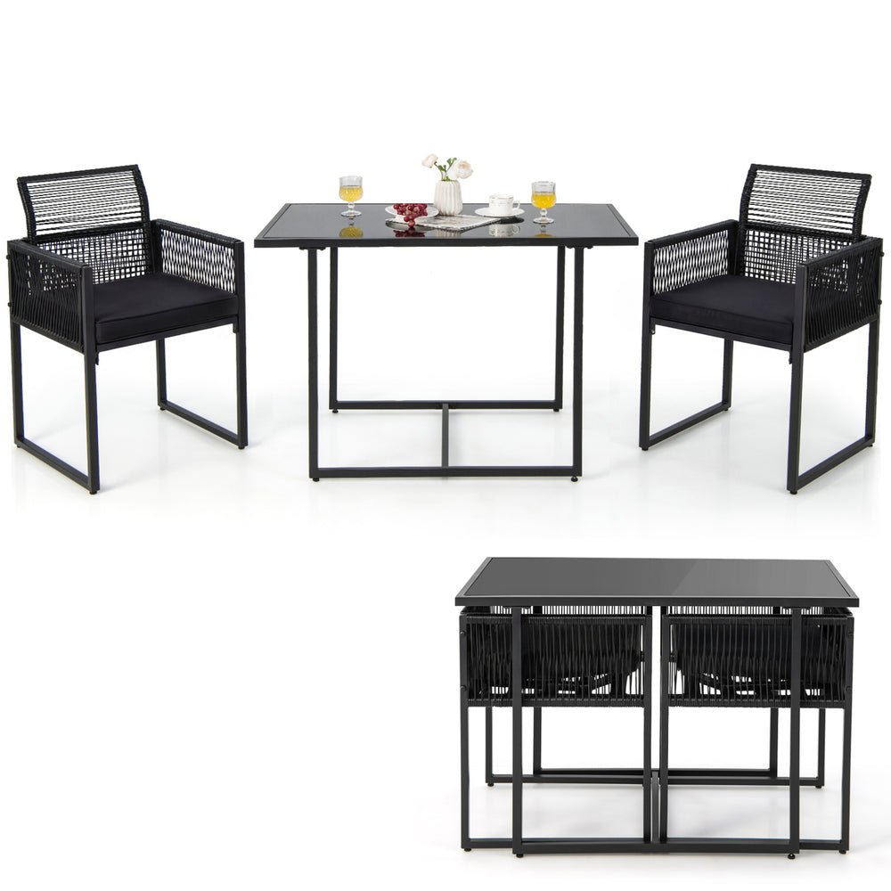 3-piece outdoor dining set featuring a black metal frame, hand-woven PE rattan, and soft cushions, perfect for backyard.