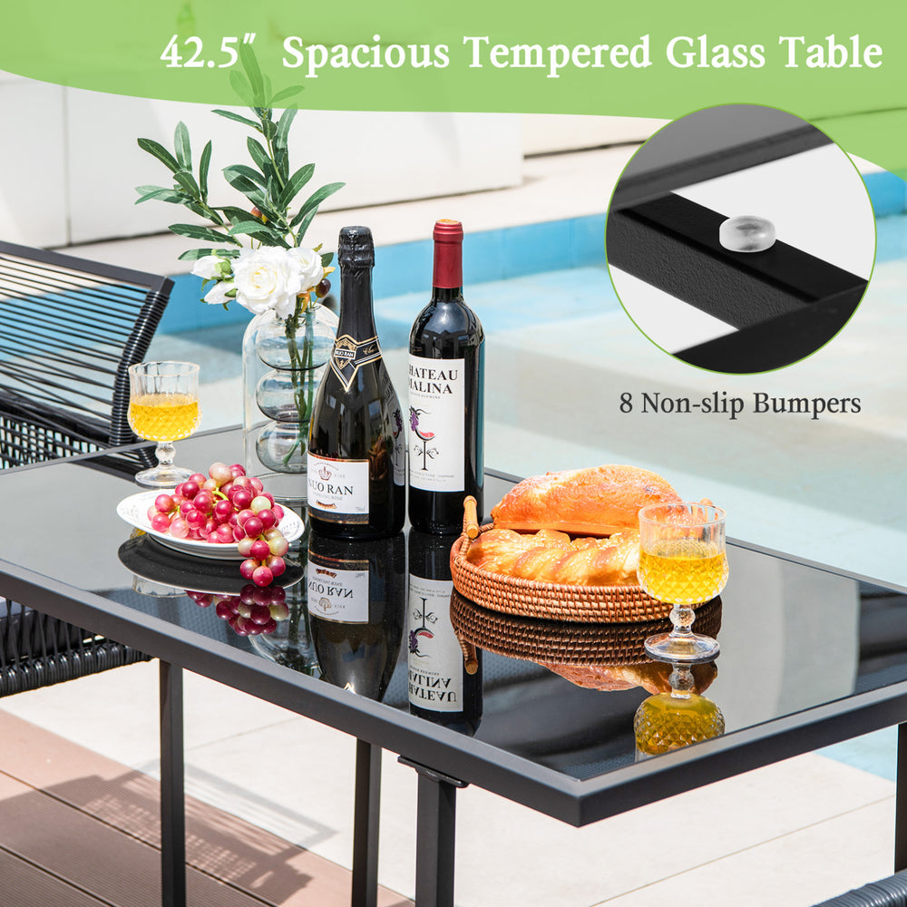 Spacious 42.5" tempered glass dining table with 8 non-slip bumpers, ideal for outdoor dining by the poolside.