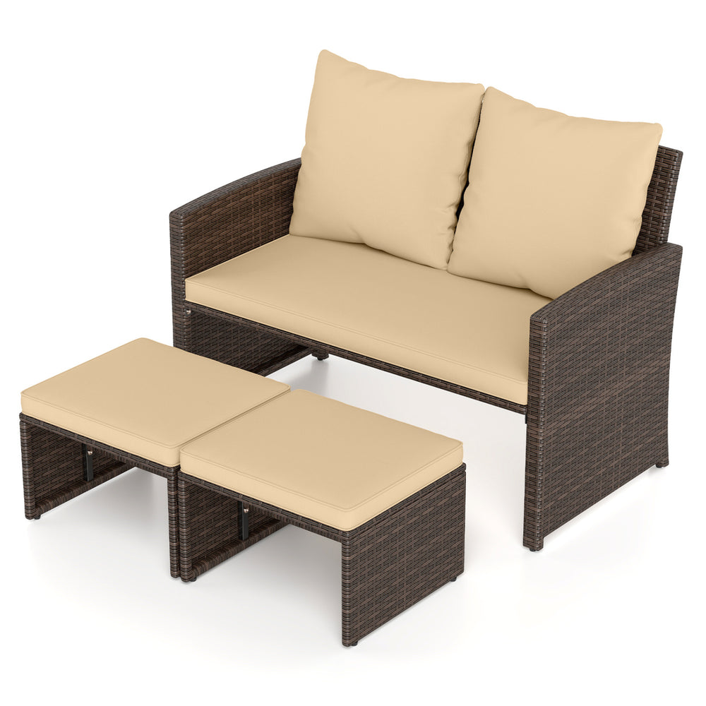 Beige cushioned 3-piece outdoor patio furniture set with PE rattan, including a loveseat and multifunctional ottomans.
