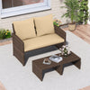 Outdoor patio loveseat set with beige cushions, featuring durable PE rattan and multifunctional ottomans for versatile.