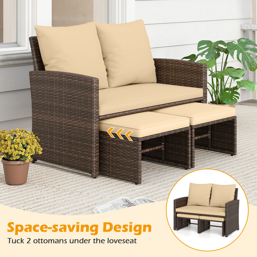 Loveseat with beige cushions and space-saving design, featuring two tuckable ottomans for outdoor patio use.