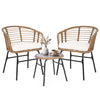 Two outdoor patio chairs with soft cushions and a round bistro table, made of hand-woven PE rattan for garden use.