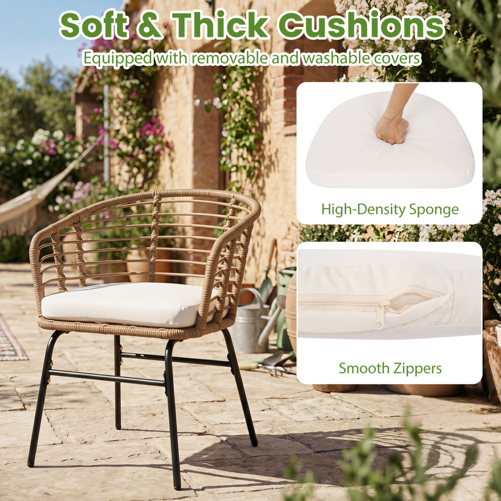 Outdoor patio chair with soft cushions, hand-woven PE rattan, and removable covers for easy cleaning and comfort.