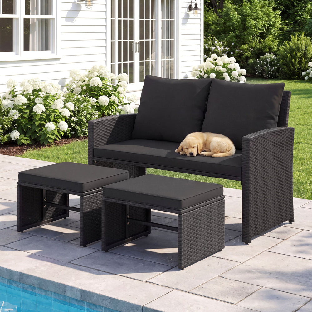 3 Pieces Outdoor Patio PE Wicker Furniture Set with Cushions-Black color - Gallery View 1 of 10