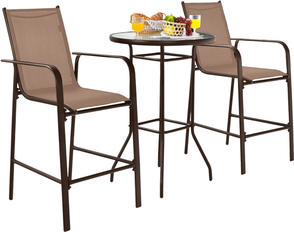 Three-piece outdoor patio bar set featuring brown stools and a tempered glass tabletop, ideal for garden or poolside.