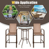 Three-piece outdoor patio bar set featuring brown stools and a tempered glass table, perfect for garden or backyard use.