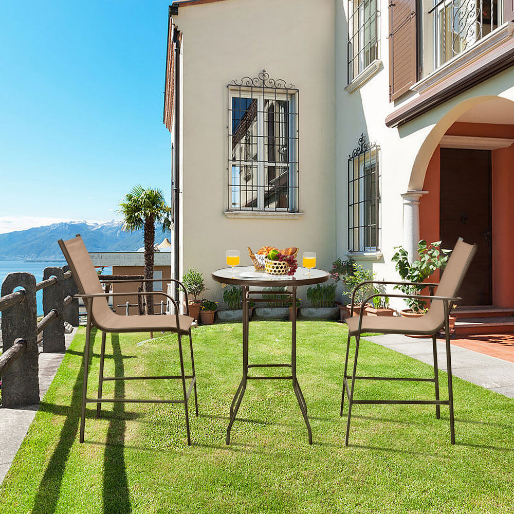3 pieces outdoor patio bar set featuring brown stools and a glass tabletop, perfect for garden or poolside relaxation.