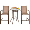 3-piece outdoor patio bar set featuring brown stools and a tempered glass table, perfect for garden or poolside use.