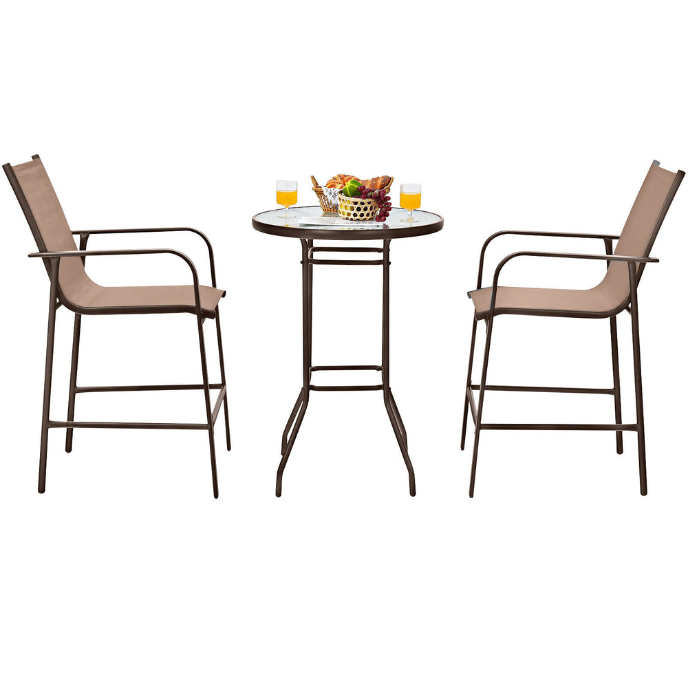 Three-piece outdoor patio bar set featuring a brown steel frame and tempered glass tabletop, ideal for garden or.