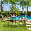 Outdoor patio bar table and stool set in brown with tempered glass top, perfect for garden or poolside relaxation.