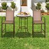 Outdoor patio bar set featuring two brown stools and a tempered glass table, perfect for garden or backyard relaxation.