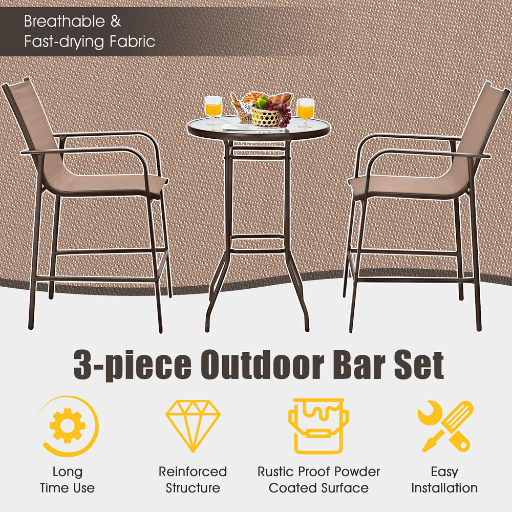 3-piece outdoor patio bar set with brown fast-drying fabric and rustproof steel frame, ideal for garden or poolside use.