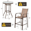 Outdoor patio bar table and stool set in brown with tempered glass top, featuring breathable fabric and rustproof steel.