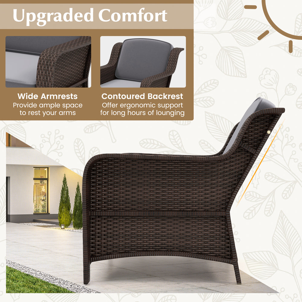 Side view of the outdoor rattan chair featuring wide armrests and a contoured backrest for ergonomic support.