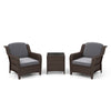 Two gray cushioned outdoor rattan chairs with a tempered glass coffee table, perfect for patio relaxation.