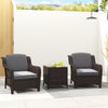 Two gray cushioned outdoor rattan chairs with a tempered glass coffee table, perfect for porch or garden relaxation.