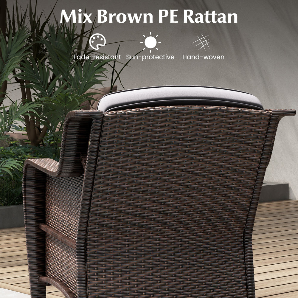 Side view of a comfortable outdoor chair made of mix brown PE rattan, featuring a contoured backrest and gray cushion.