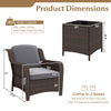 Single outdoor rattan chair with gray cushion, featuring ergonomic design and sturdy metal frame for porch or garden.