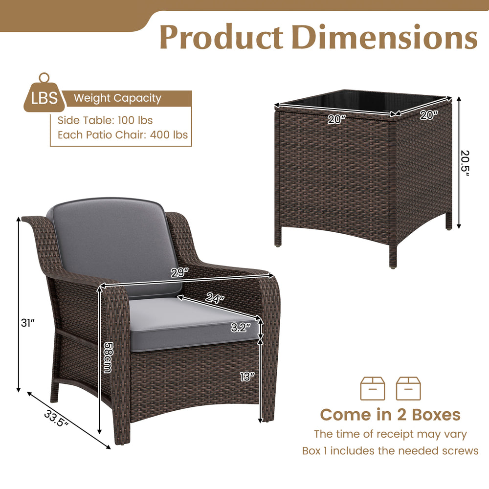 Single outdoor rattan chair with gray cushion, featuring ergonomic design and sturdy metal frame for porch or garden.
