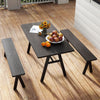 Outdoor picnic table and benches set for 6 people, featuring a wood-like surface and adjustable foot pads for stability.