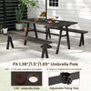 Outdoor picnic table and benches set for 6, featuring a wood-like surface and adjustable umbrella hole for patio use.