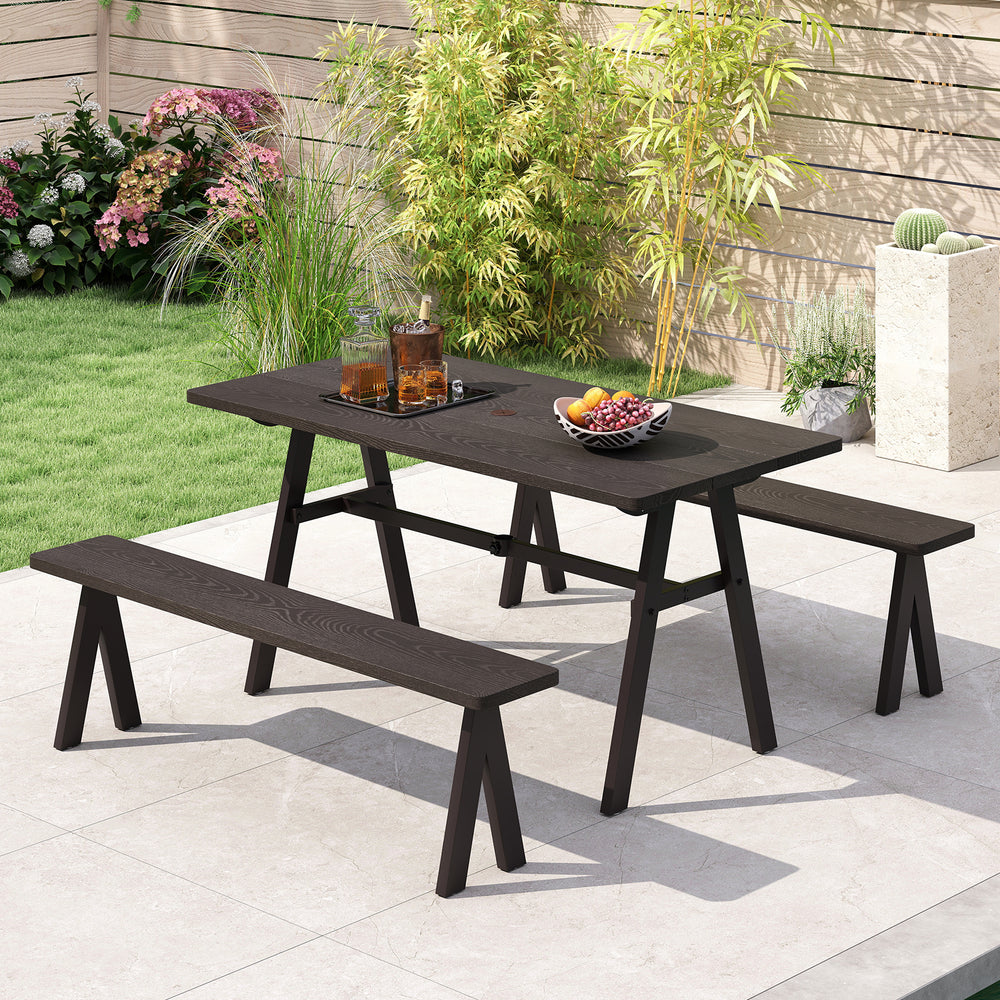 Outdoor picnic table and benches set for 6 people in dark wood finish, perfect for patio and garden gatherings.