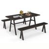 Outdoor picnic table and benches set for 6 people, featuring a wood-like surface and sturdy triangular structure.