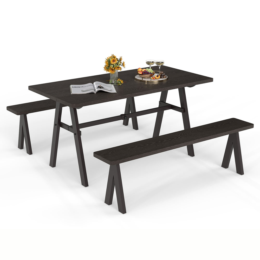 Outdoor picnic table and benches set for 6 people, featuring a wood-like surface and sturdy triangular structure.