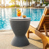 Gray outdoor rattan bar table with extendable tabletop, ideal for poolside use, featuring an 8-gallon capacity.