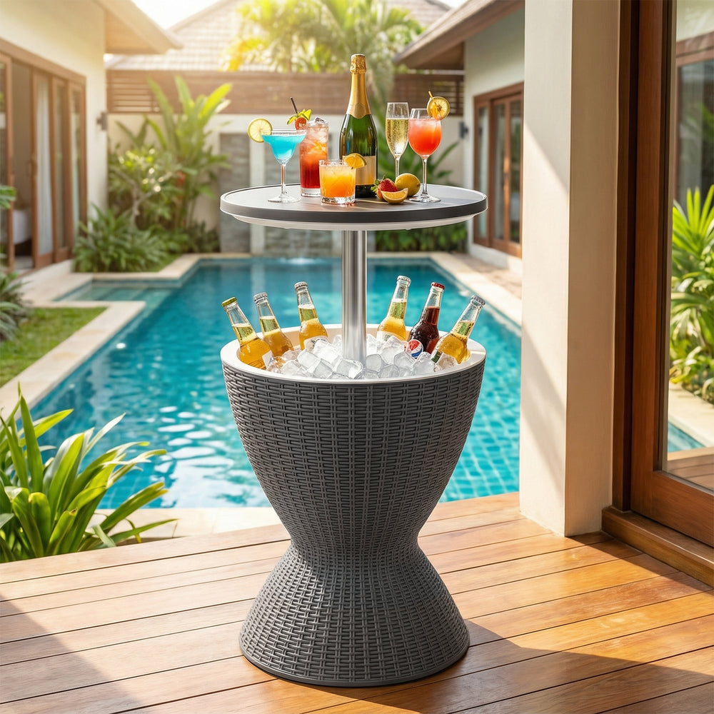 Outdoor rattan bar table with extendable tabletop, gray, featuring an ice bucket for pool parties and easy cleaning.