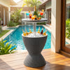 Outdoor rattan bar table with extendable tabletop, gray, featuring an ice bucket for pool parties and easy cleaning.