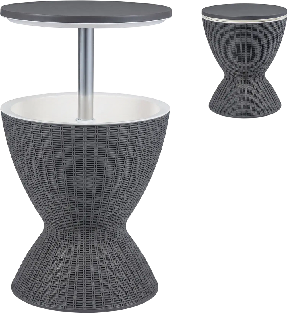 Gray outdoor rattan bar table with extendable tabletop, 8-gallon capacity, ideal for pool parties and barbecues.