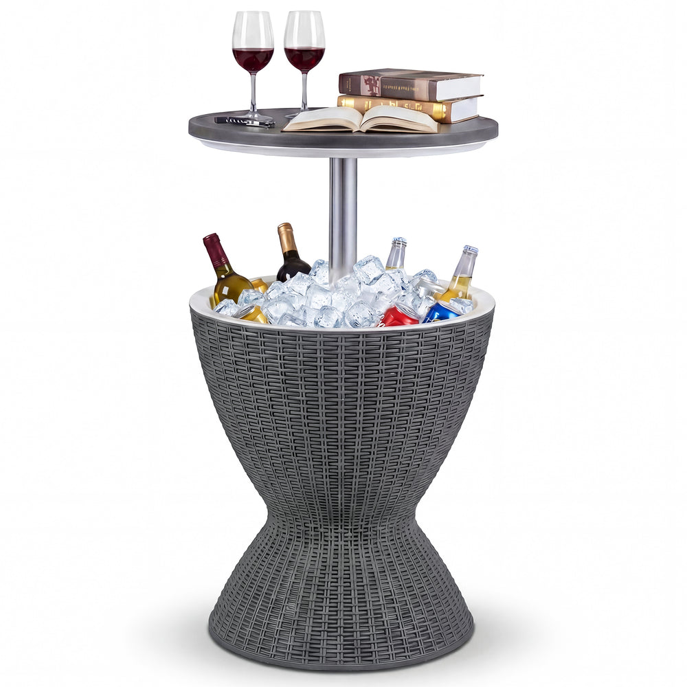 Outdoor rattan bar table with extendable tabletop, gray, featuring an 8-gal ice bucket for drinks and snacks.