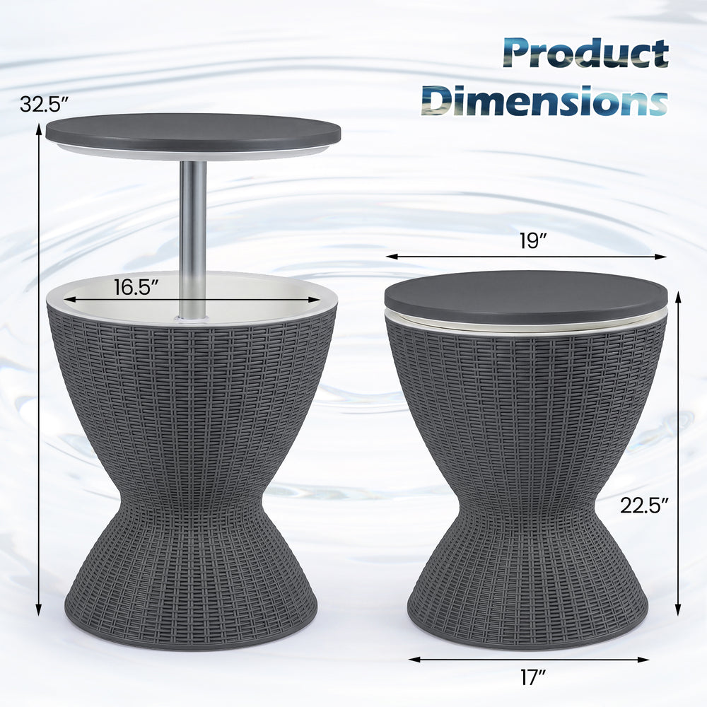 Gray outdoor rattan bar table with adjustable height, featuring a retractable tabletop and 8-gallon ice bucket capacity.
