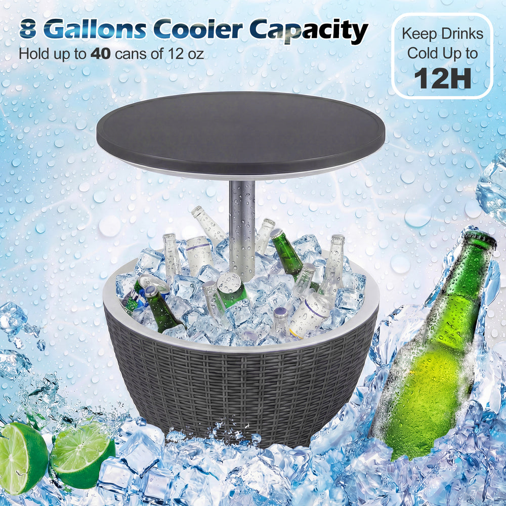 Outdoor rattan bar table with extendable tabletop, 8-gallon capacity, ideal for pool parties and easy cleaning.