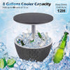 Outdoor rattan bar table with extendable tabletop, 8-gallon capacity, ideal for pool parties and easy cleaning.