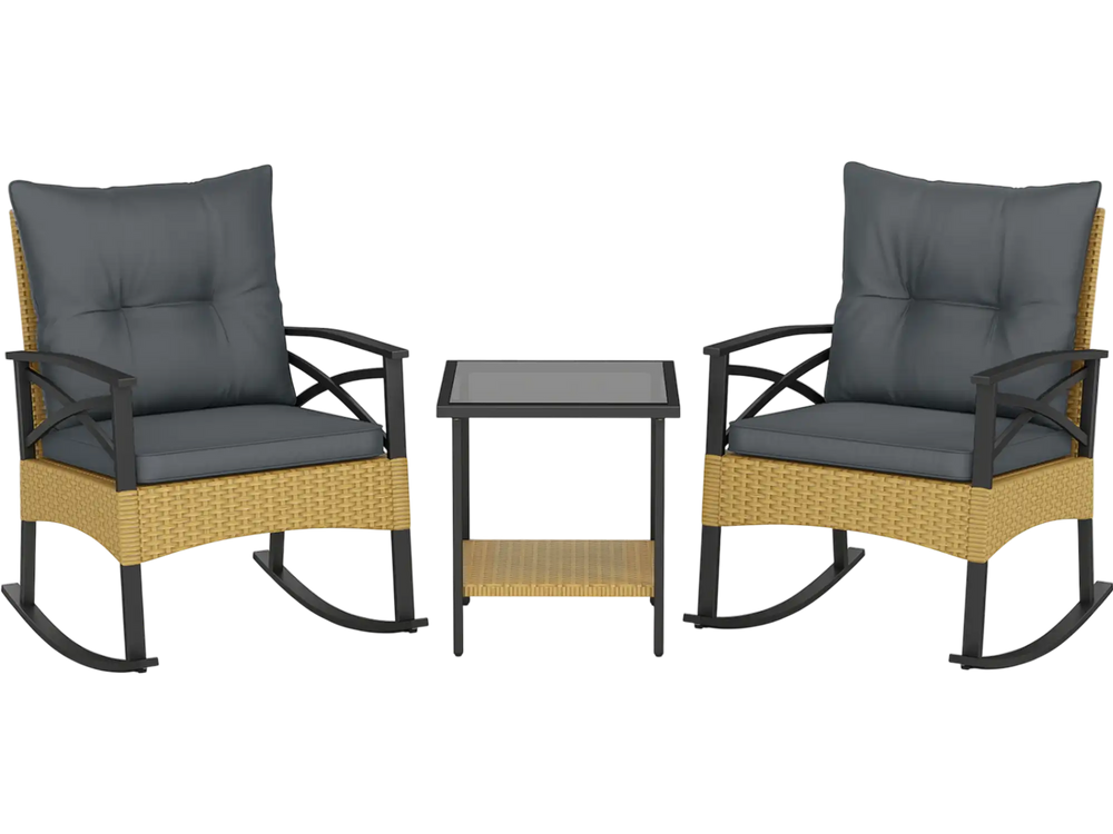 Outdoor rattan rocking chairs set with gray cushions and a 2-tier side table, perfect for garden and backyard.
