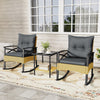 Gray outdoor rattan rocking chairs set with thick cushions and a 2-tier side table, perfect for garden relaxation.