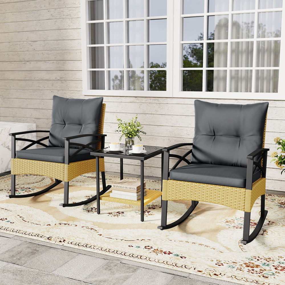 3 Pieces Outdoor Rattan Rocking Chairs Set with  2-Tier Side Table for Garden Backyard-Gray - Gallery View 1 of 12
