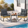 Close-up of a gray cushion on a rattan rocking chair, featuring a durable frame and ideal for outdoor comfort.