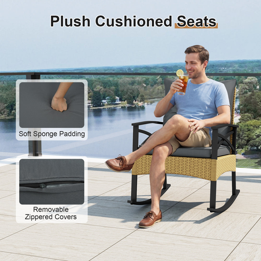 Gray plush cushioned rocking chair from a 3-piece outdoor rattan set, perfect for garden and backyard relaxation.