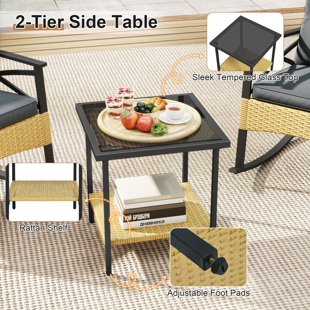 2-tier side table with tempered glass top and rattan shelf, perfect for outdoor garden or backyard use.