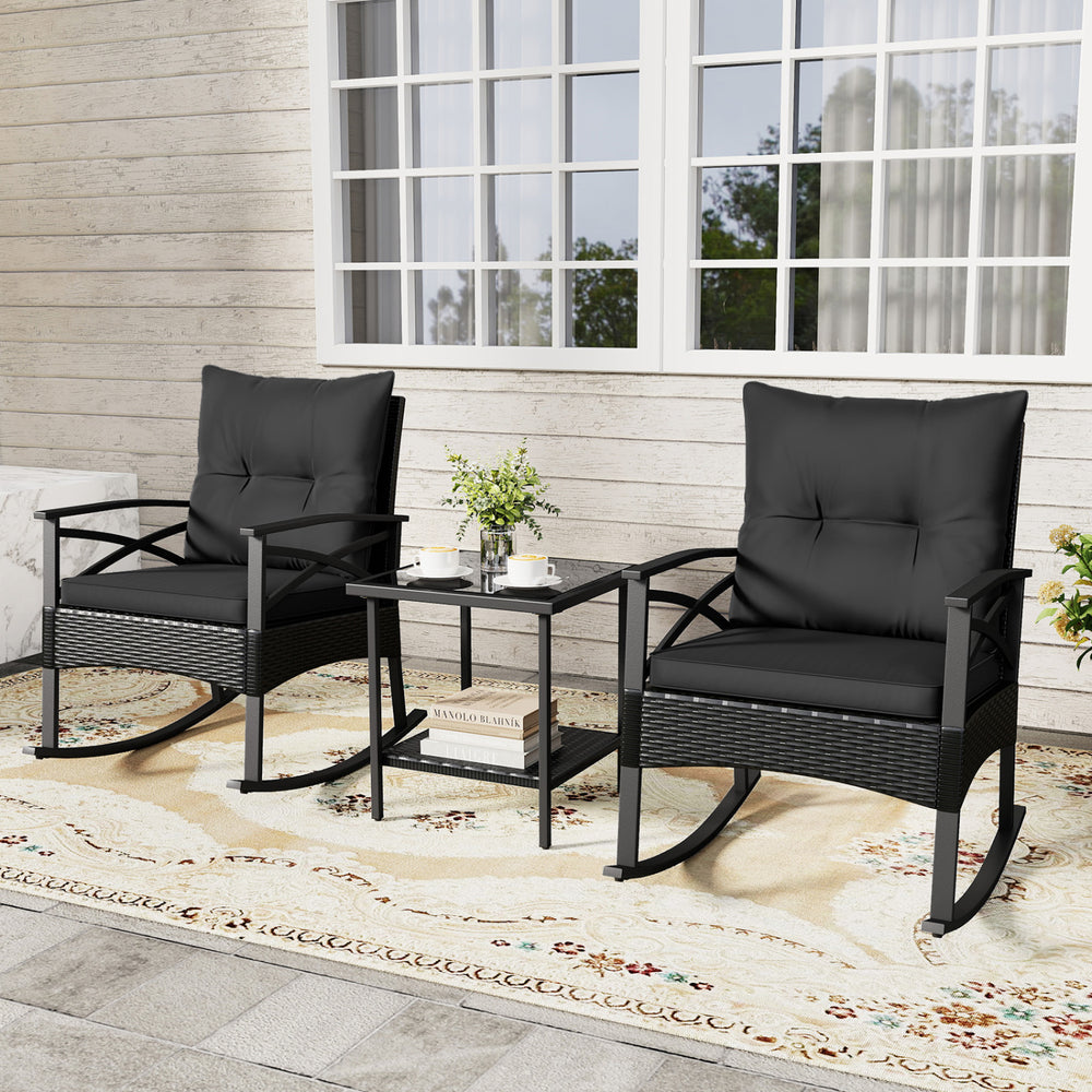3 Pieces Outdoor Rattan Rocking Chairs Set with  2-Tier Side Table for Garden Backyard-Black - Gallery View 1 of 12