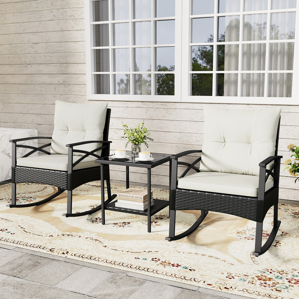 3 Pieces Outdoor Rattan Rocking Chairs Set with  2-Tier Side Table for Garden Backyard-White - Gallery View 1 of 12