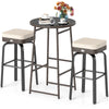 Outdoor swivel bar set featuring a PE rattan table and two cushioned chairs, perfect for patio and garden use.