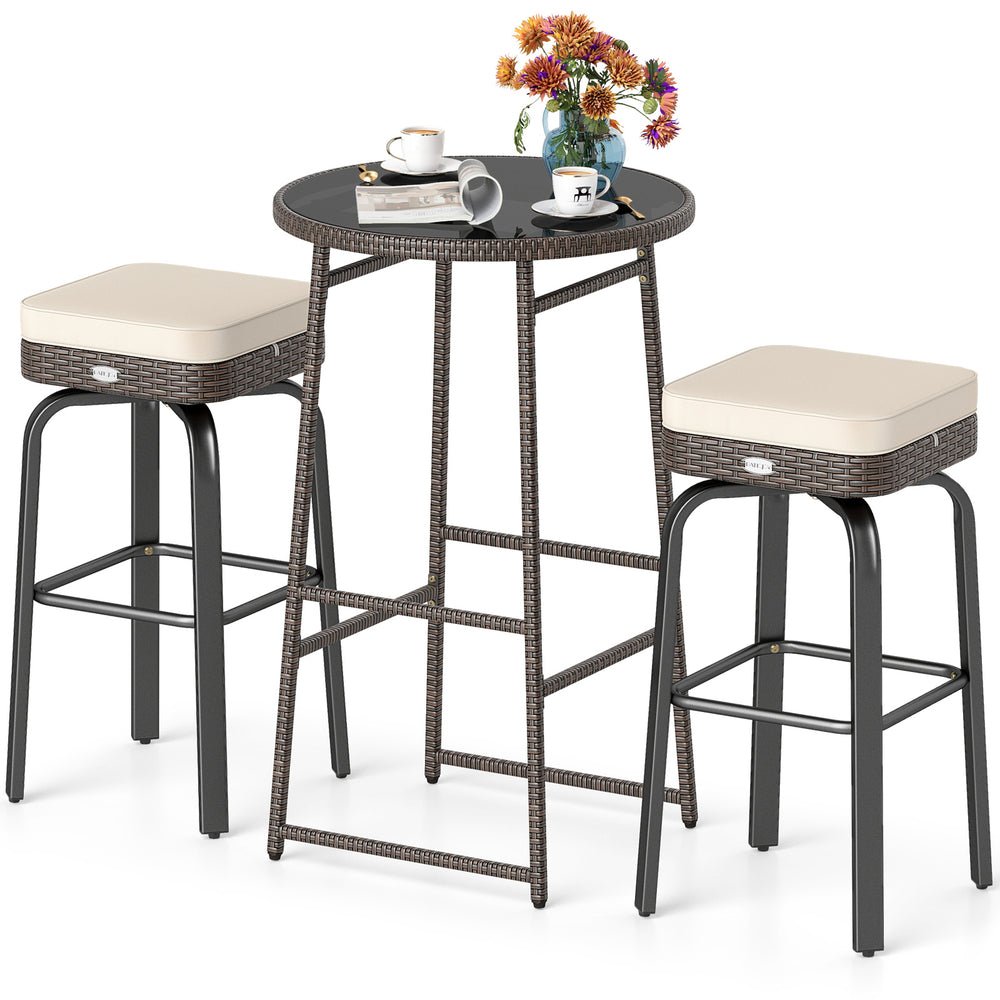 Outdoor swivel bar set featuring a PE rattan table and two cushioned chairs, perfect for patio and garden use.