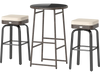 Outdoor swivel bar set featuring a PE rattan table and two chairs with cream cushions, perfect for patio relaxation.